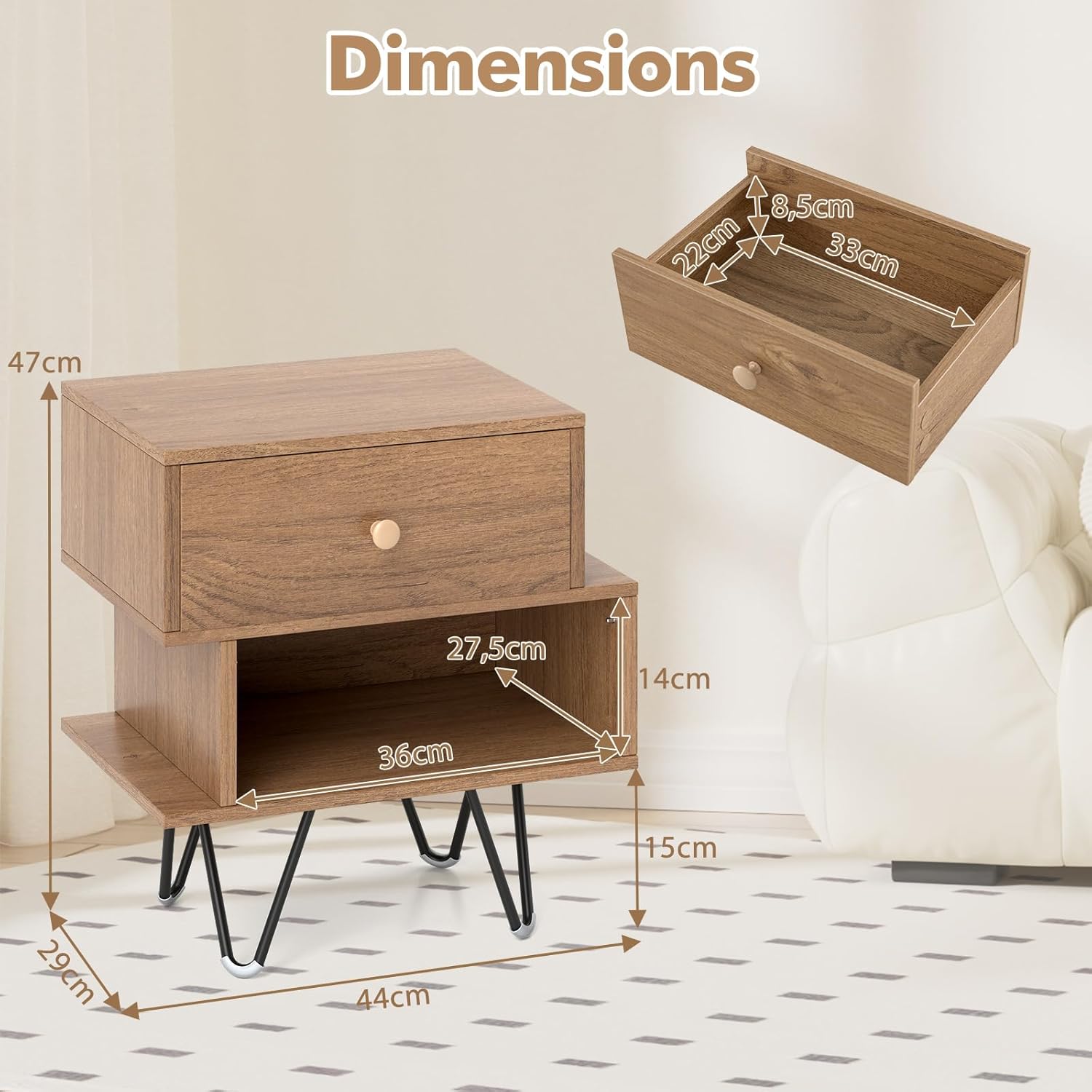 Table de Chevet Lot de 2 avec Tiroir, 4 Pieds en Métal Surélevés, Chevet de Lit Bois avec Compartiment, Design Irrégulier, Table de Nuit, Naturel - 3