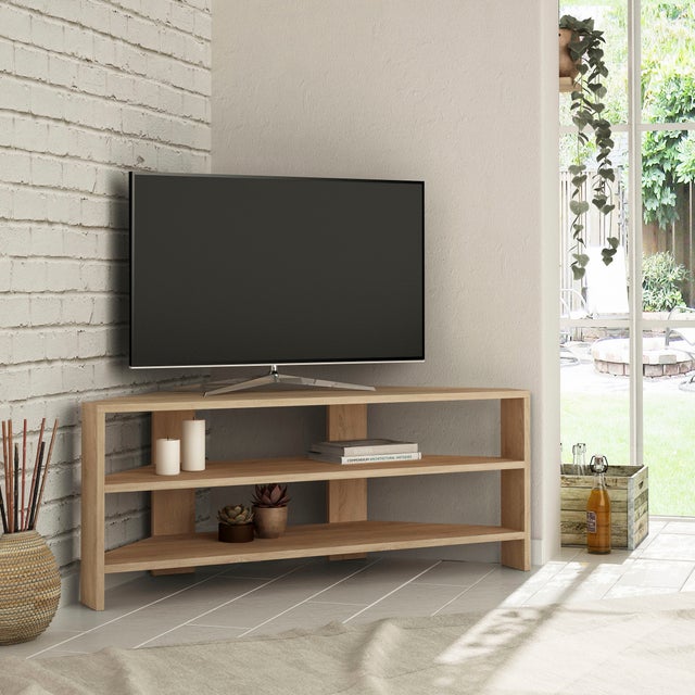 Decortie Meuble TV d'angle Thales 2 étagères ouvertes Centre multimédia Chêne 45x110x36cm
