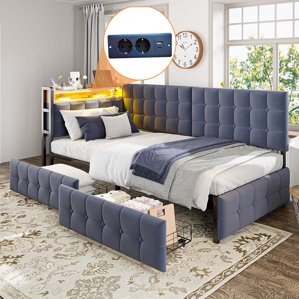 90 X 200 Sofa rozkładana dla dzieci z 2 szufladami i lampką nocną LED, portami USB i typu C, szara