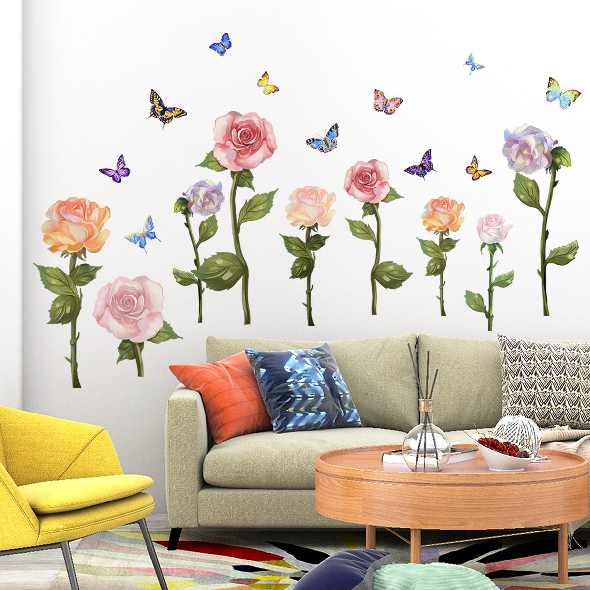 Stickers Muraux Salon Plante Autocollant Mural Fleurs Papillon Deco ...