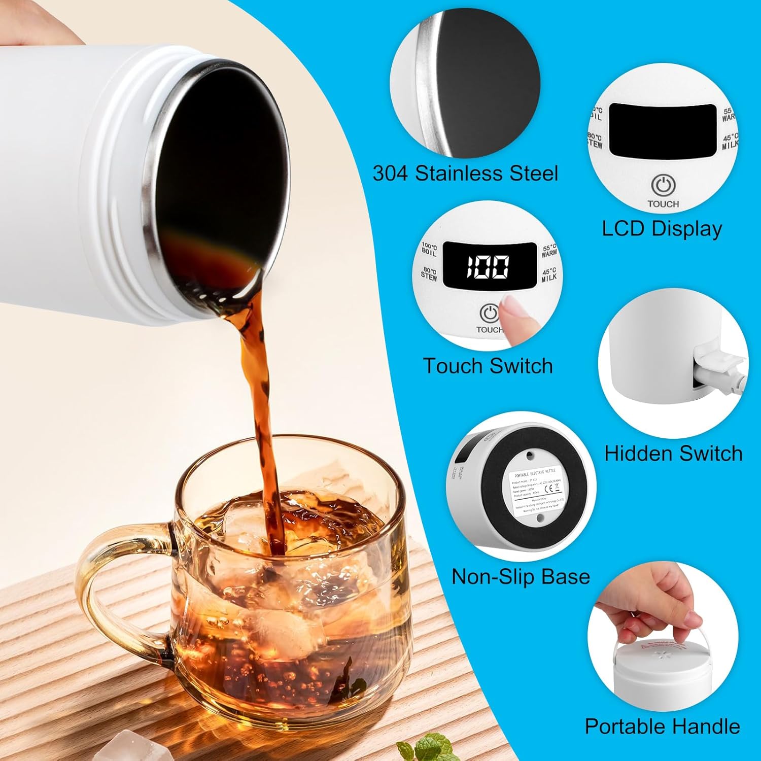 (500 ml)Bouilloire de Voyage, Mini Bouilloire Electrique, 3 en 1 Bouilloire Portable - 4 régulateurs de température, pour Thé, Café, Lait/Camping - 5