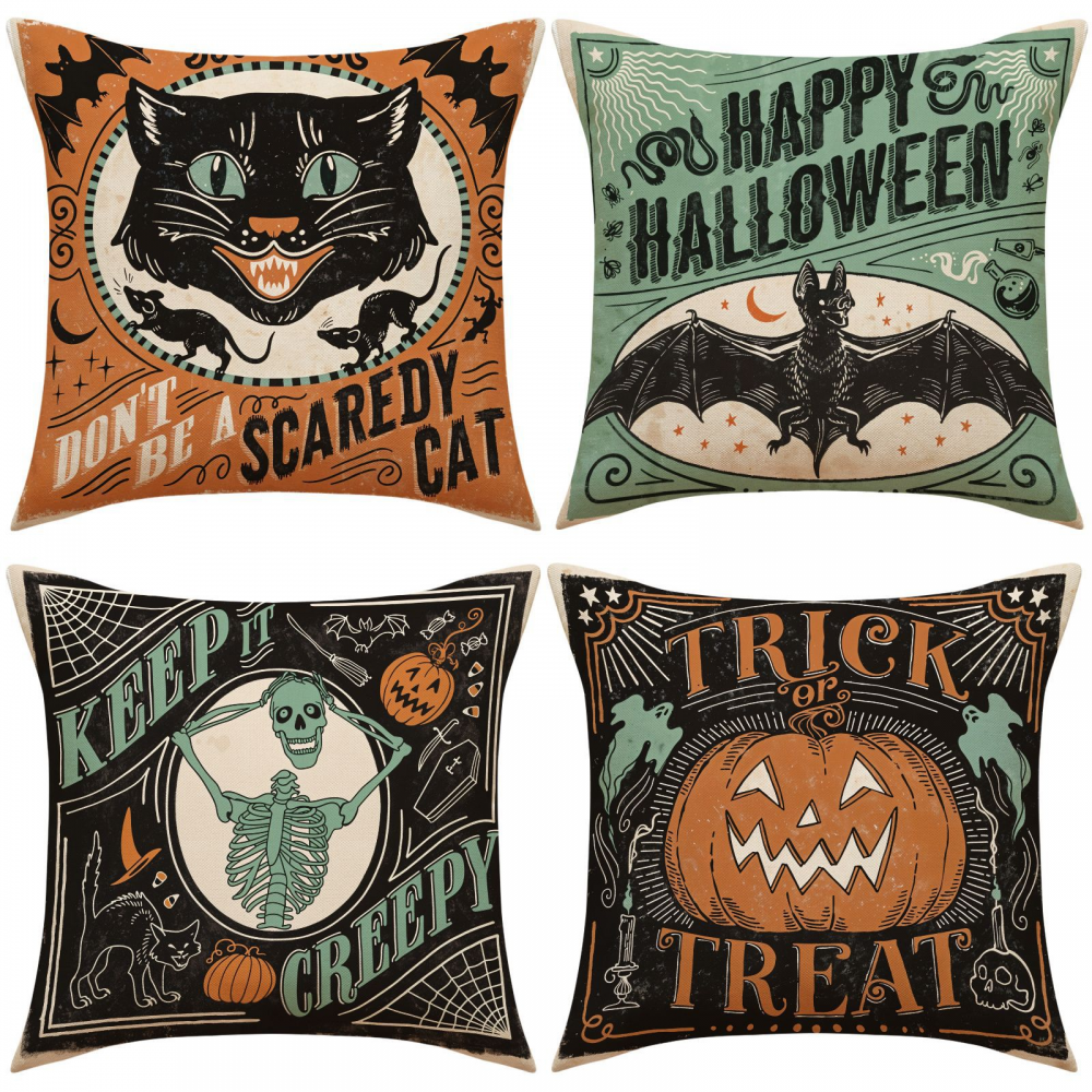 Zestaw 4 poduszek lnianych na Halloween o wymiarach 18 x 18 cali