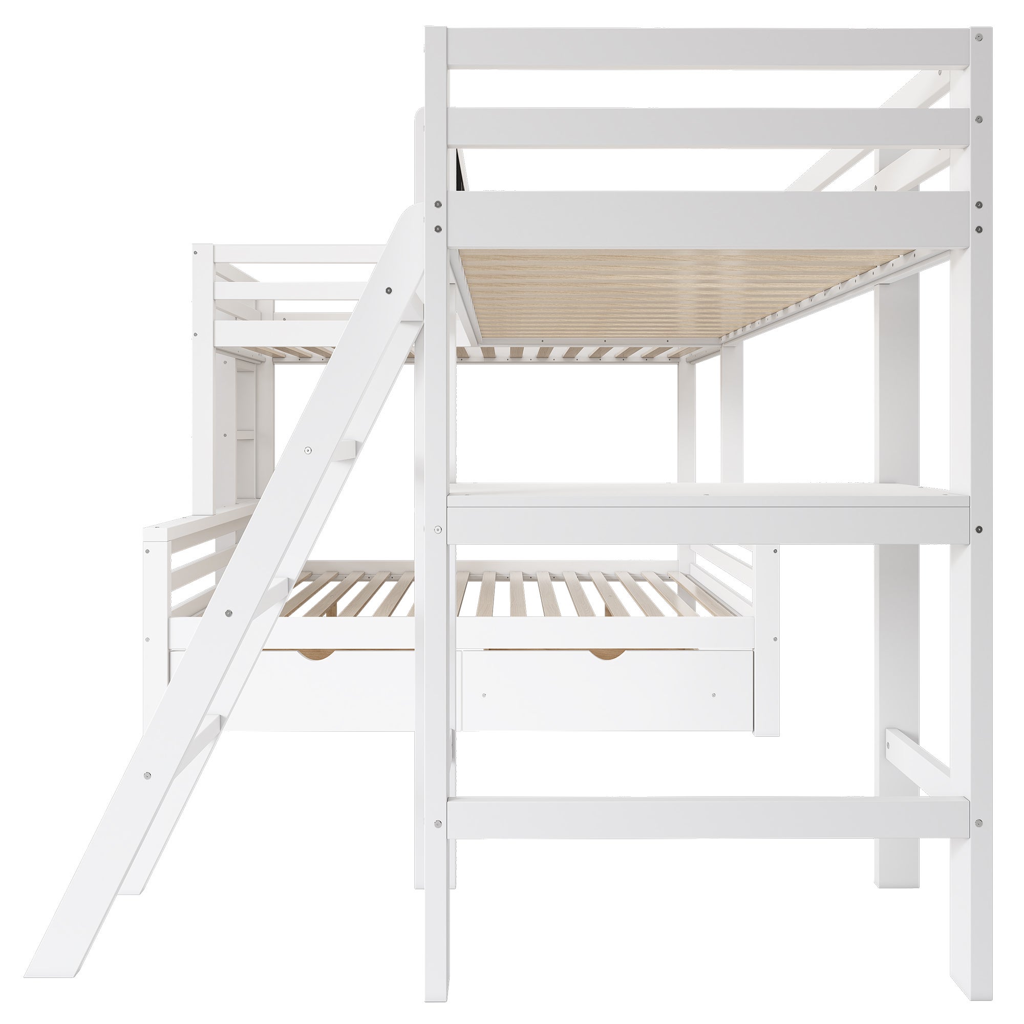 Lit superposé 2x90x200cm + 140x200cm en bois - avec un bureau et 2 tiroirs - Blanc - 8