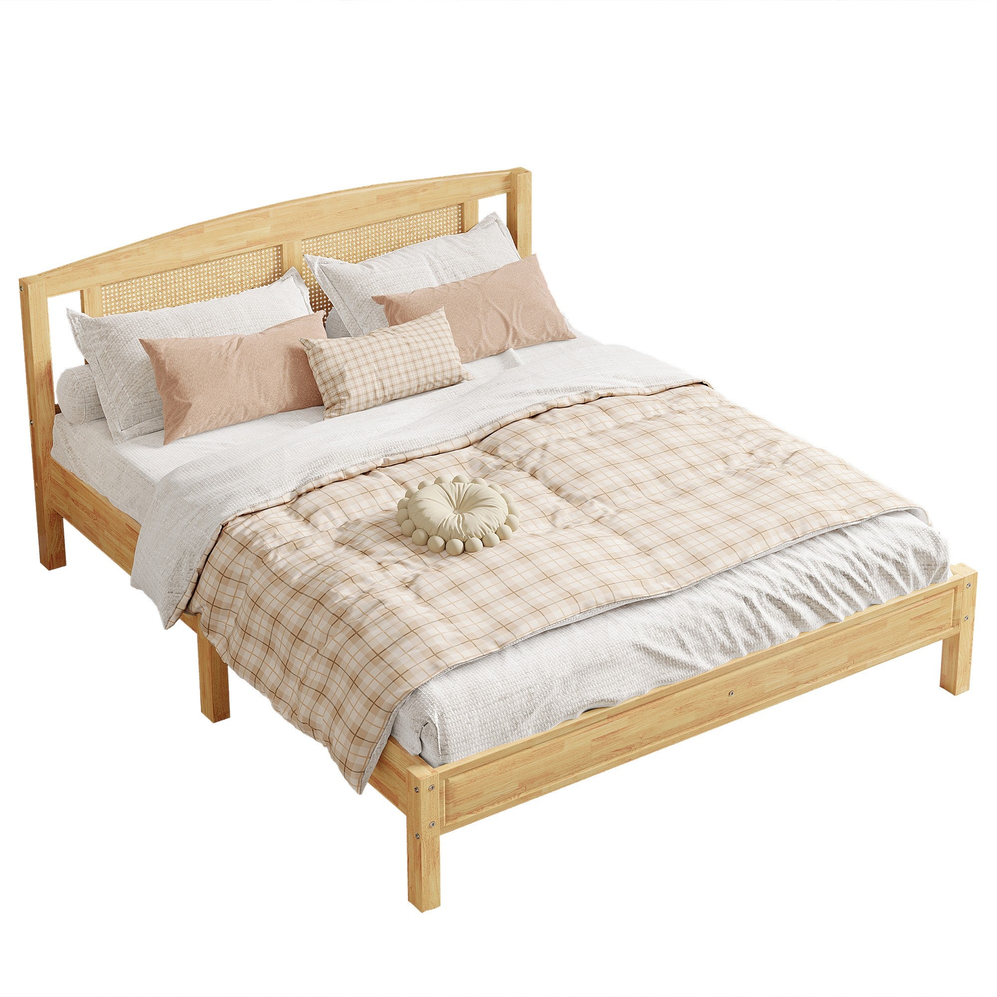 Lit double pour adultes 160 x 200 cm, structure en rotin, avec 15 lattes et un pied central, couleur bois naturel - 4
