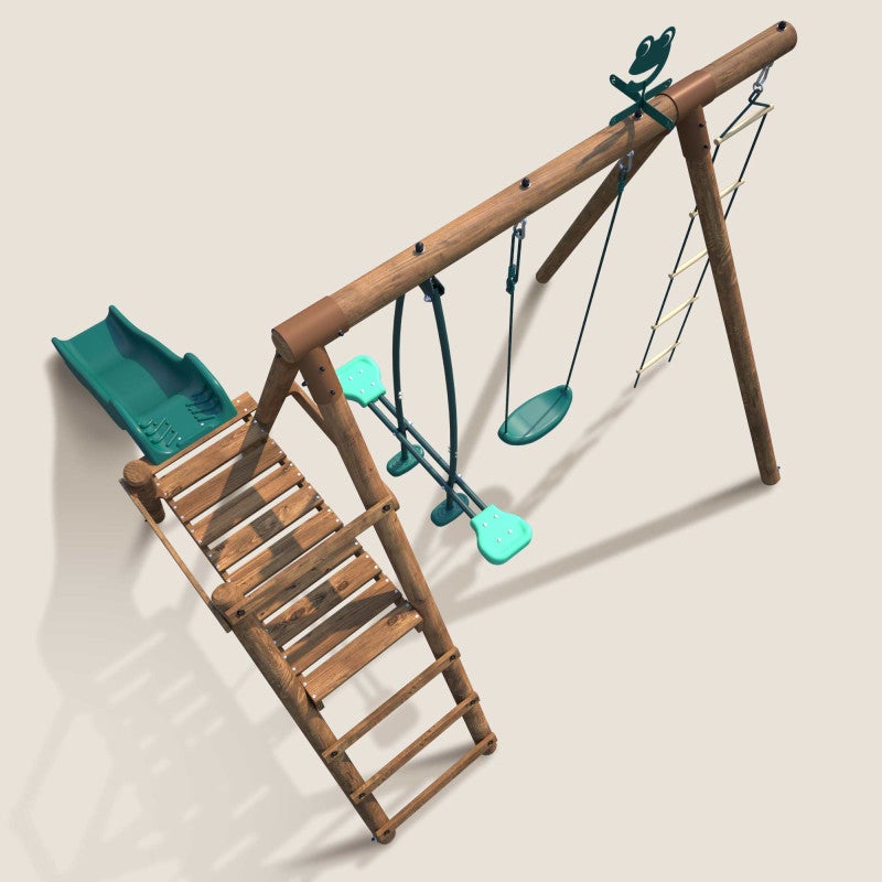 Portique en bois rond 3 agrès avec face à face, échelle et toboggan bas MÛRIER - 5