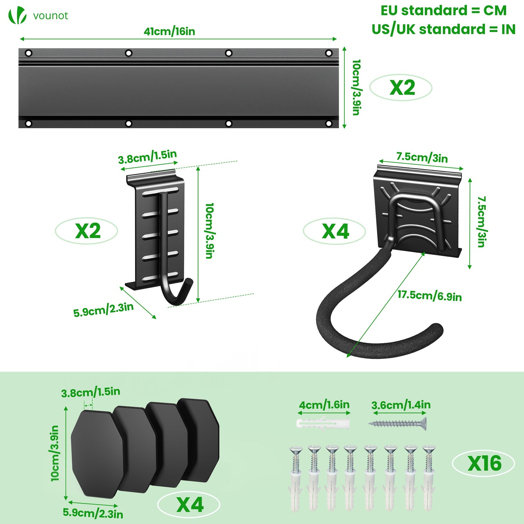 Support mural rangement pour 4 velos et 2 casques rails et crochets metal noir VOUNOT® - 3