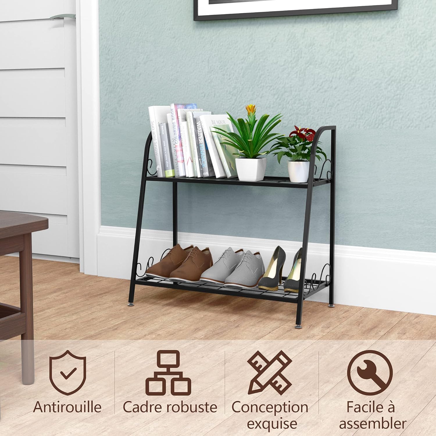 Etagère de plantes à 2 etages en métal en forme d'echelle intérieur/extérieur avec pied réglable - 7