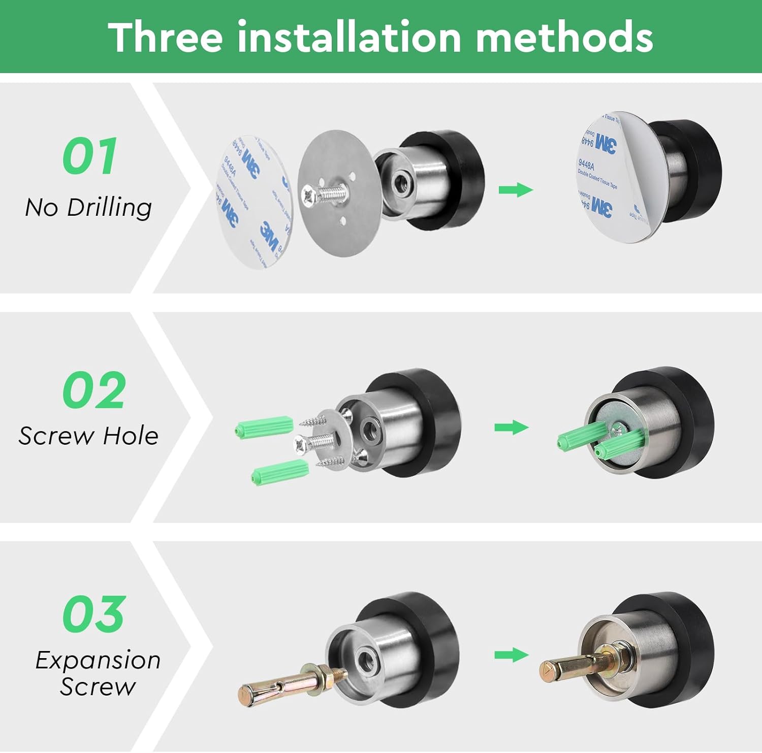 2 Pièces Butoir, Butoir de Porte Sol en Acier Inoxydable, Arrêts de Porte de Plancher, avec Vis et Colle 3M, 3 Méthodes D'installation - 4