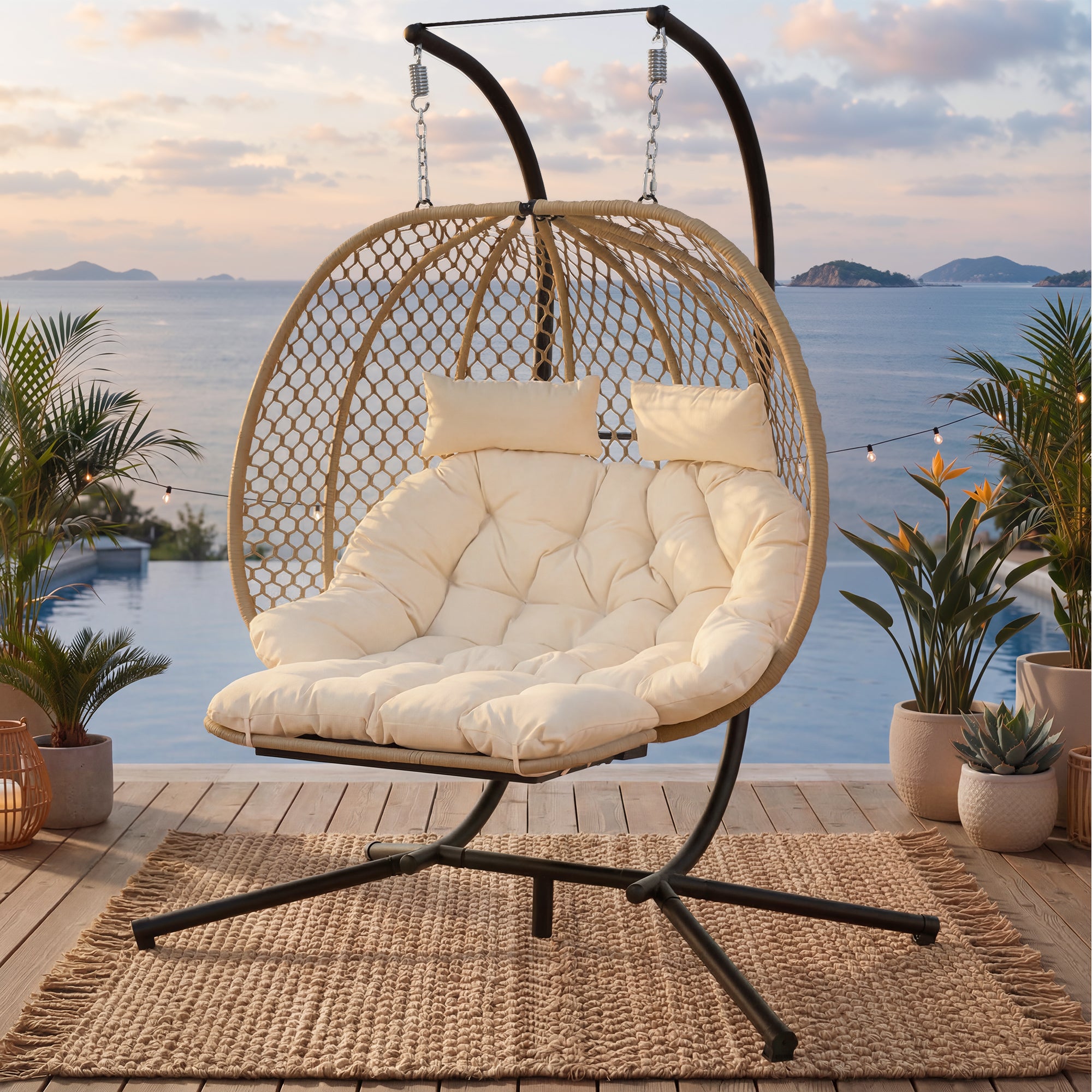 Fauteuil Oeuf Suspendu Double avec Support - Balancelle de Jardin avec Repose-pieds Réglable, Coussin Épais et Appuie-têtes - Beige - 7