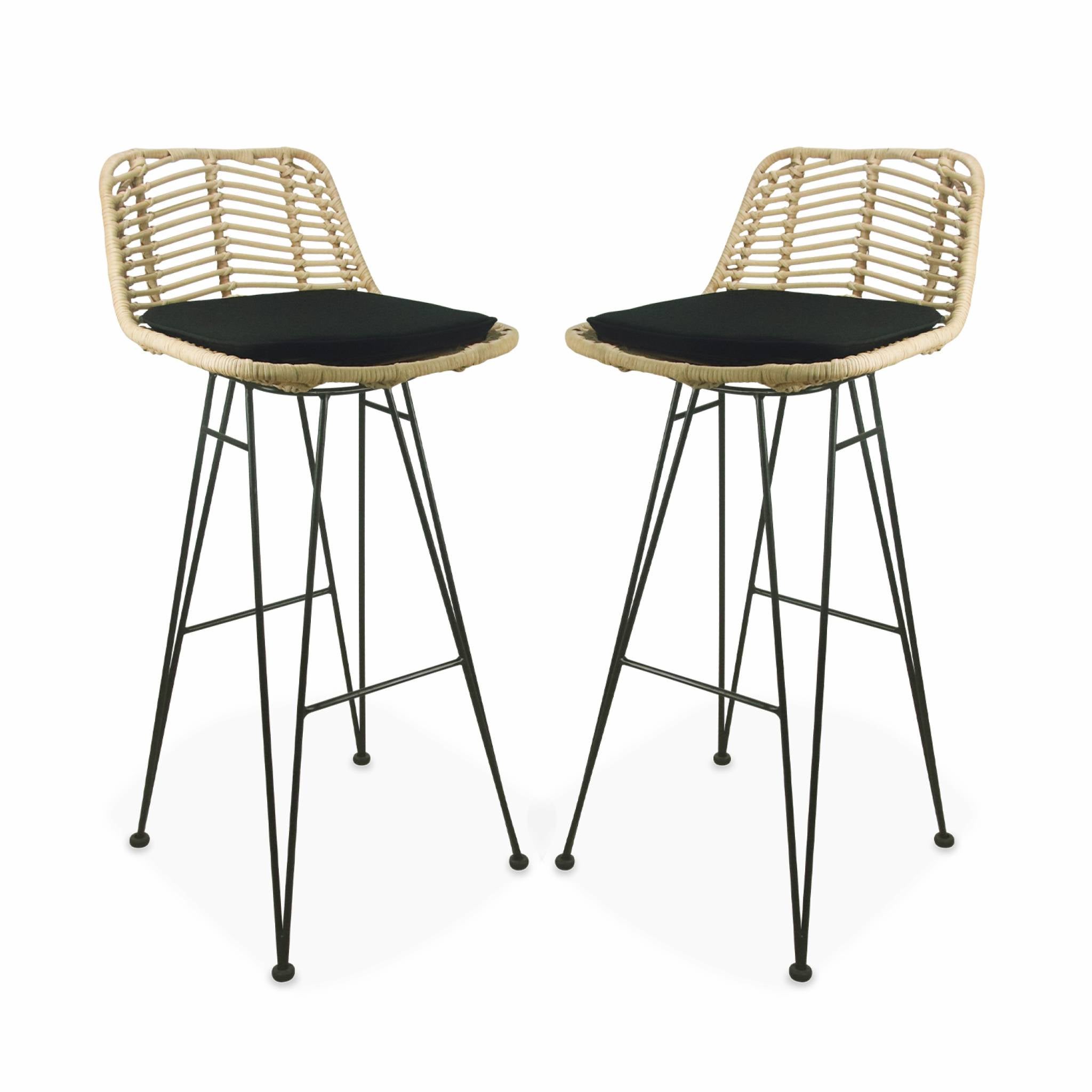 Lot de 2 tabourets de bar 75cm. métal et rotin. assise noir - Cahya CAHYA - 4