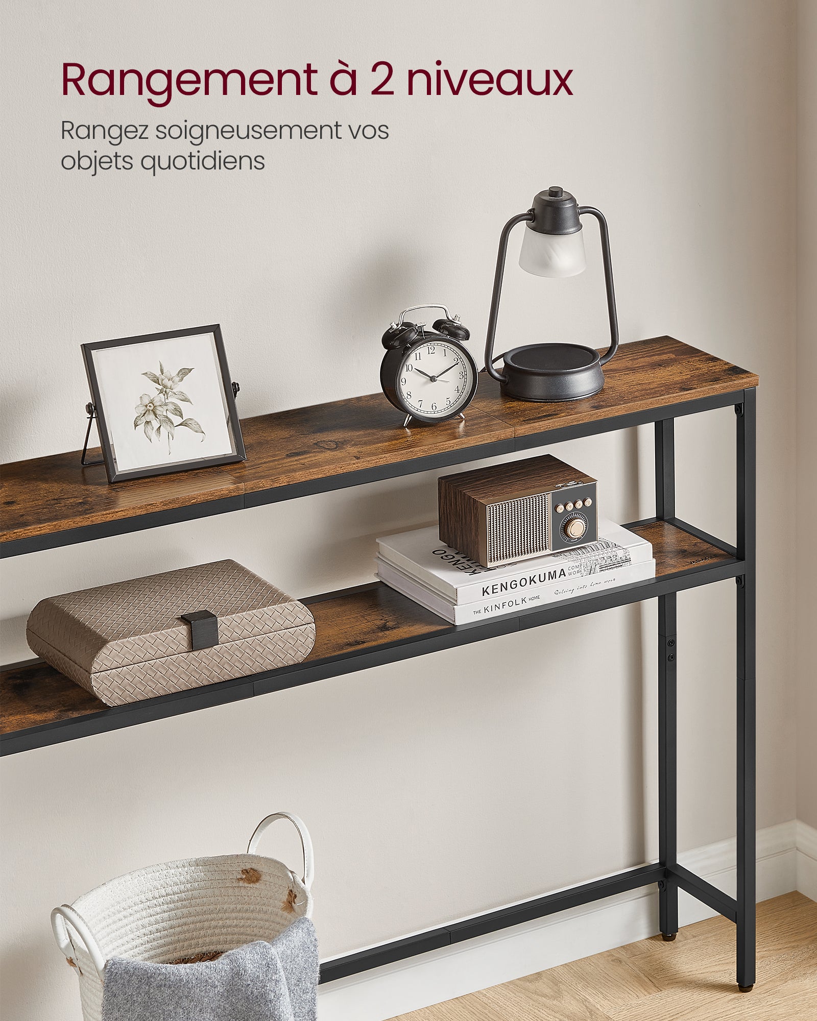 Console pour Couloir, Table de Salon Fine à 2 Niveaux, 20 x 100 x 80 cm, Table d’Appoint avec 2 Étagères, Marron Rustique et Noir d'Encre - 3