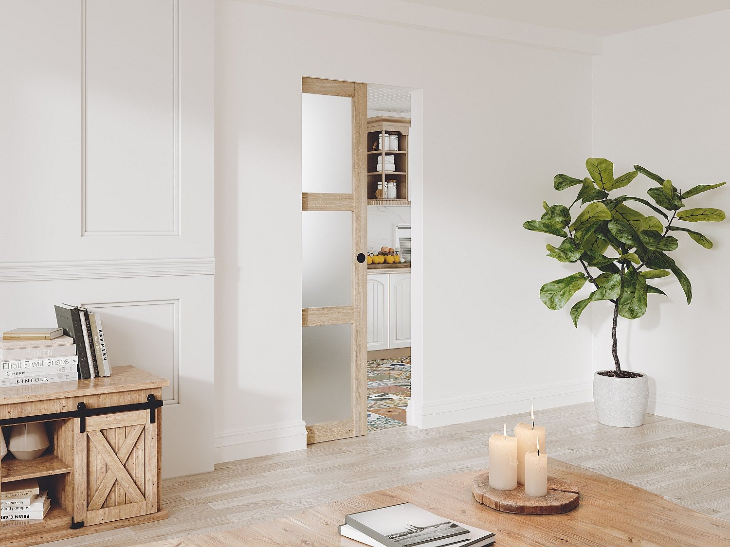 Porta scorrevole con sistema a incasso con 3 finestre H205xL63cm MDF Natur. Vetro temper. smerig. - ACOSTA II - 2