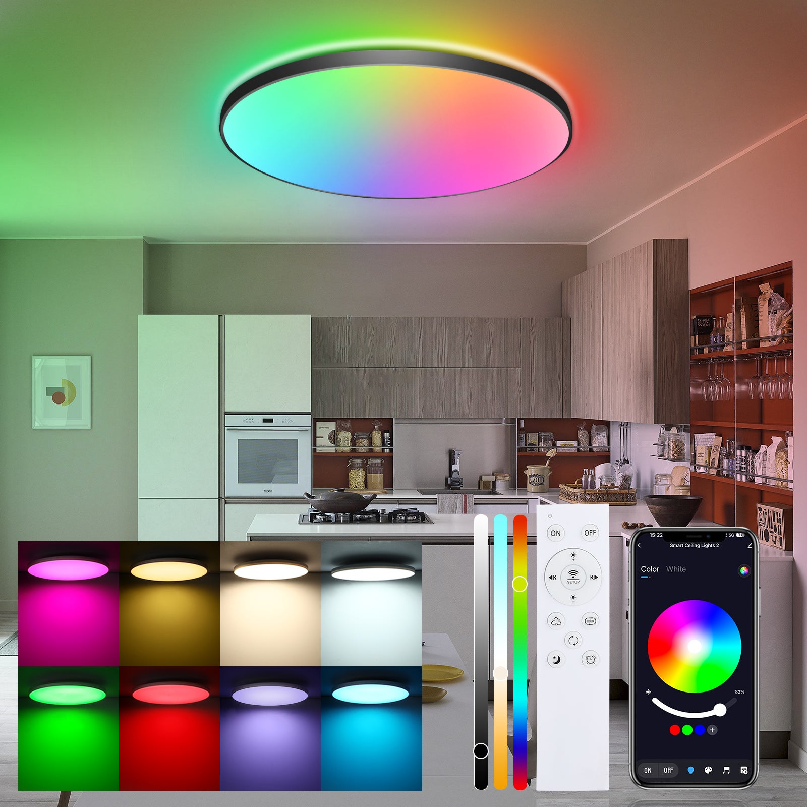 LOVHAUS Plafon LED 22W, 16 milionów kolorów RGB, biały ciepły/neutralny, regulowany, sterowanie przez aplikację,pilot zdalnego sterowania,Czarny,Ø30CM