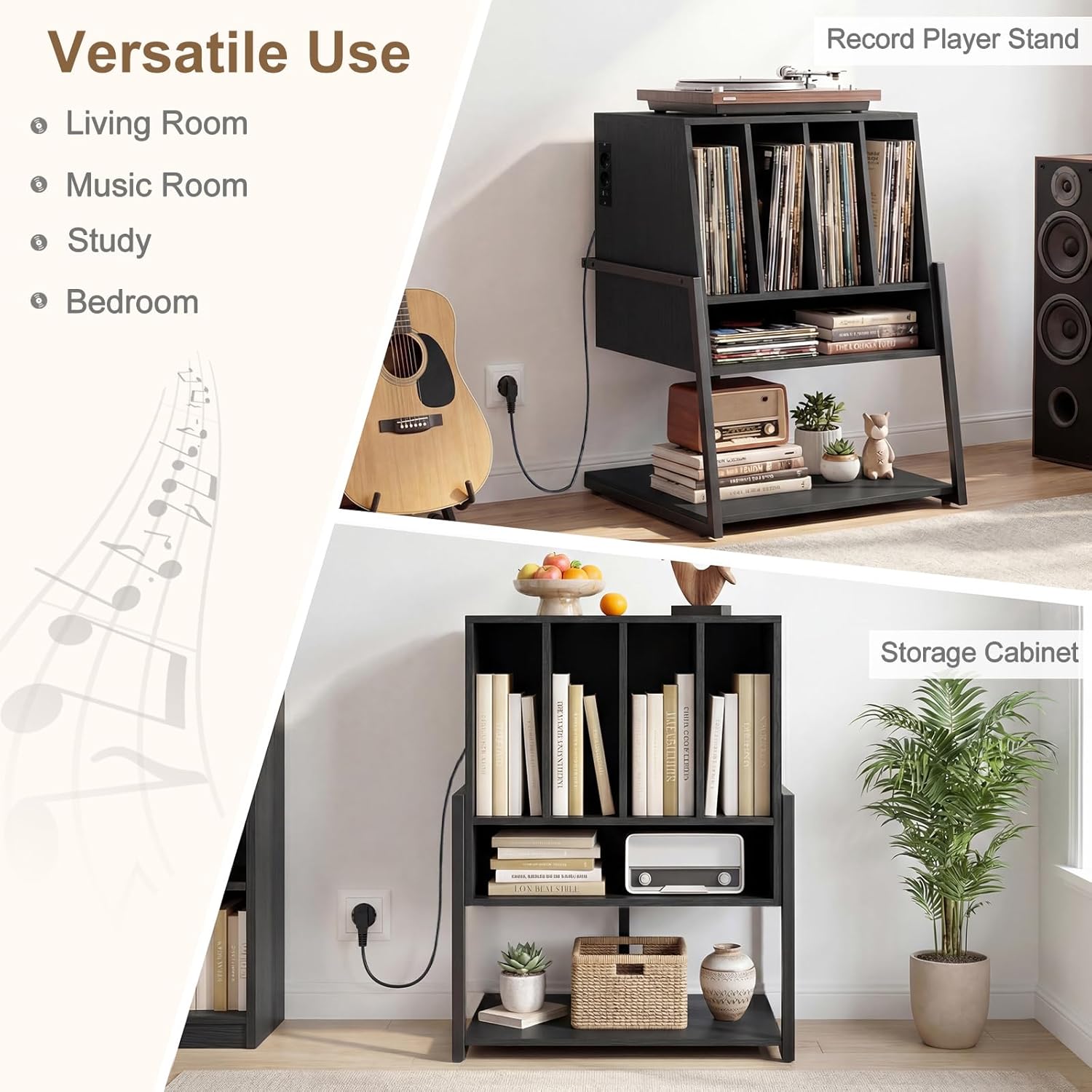 Meuble Platine Vinyle avec Prise jusqu'à 180 Vinyle, 4 roulettes, Étagères, 5 Compartiments, Support Tourne Disque pour CD, DVD, Manga, Livres, Noir - 8