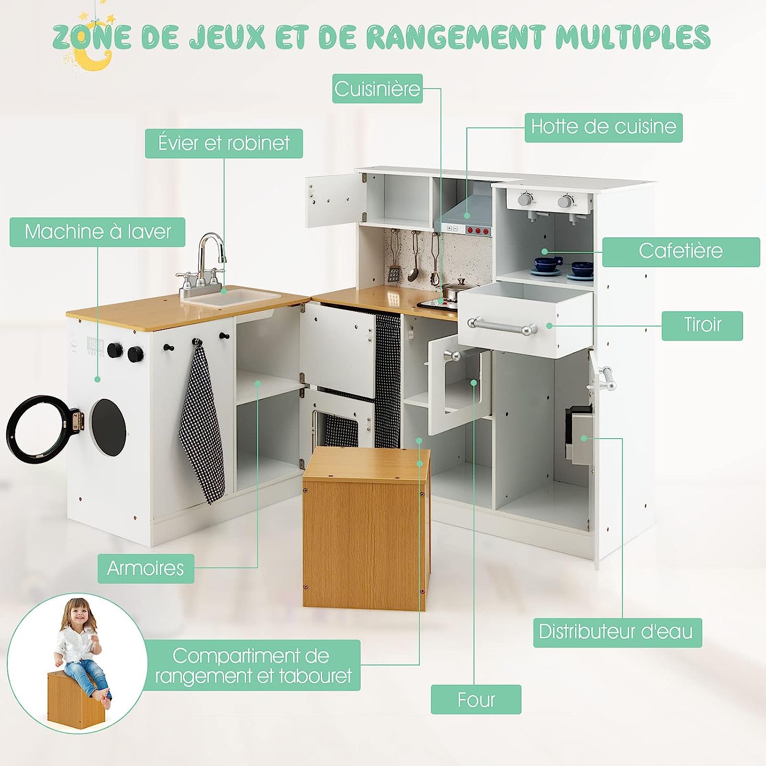 Cuisine Enfants Bois ,Jeux d’Imitation Cuisinière avec Machine à Laver, Sons et Lumière Réels,Tabouret,Cafetière,Distributeur d'eau, Blanc - 4