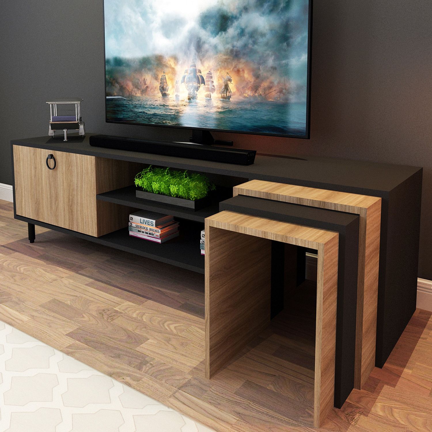 Meuble TV combiné table gigogne Aptare 180cm Panneau Bois Chêne Noir