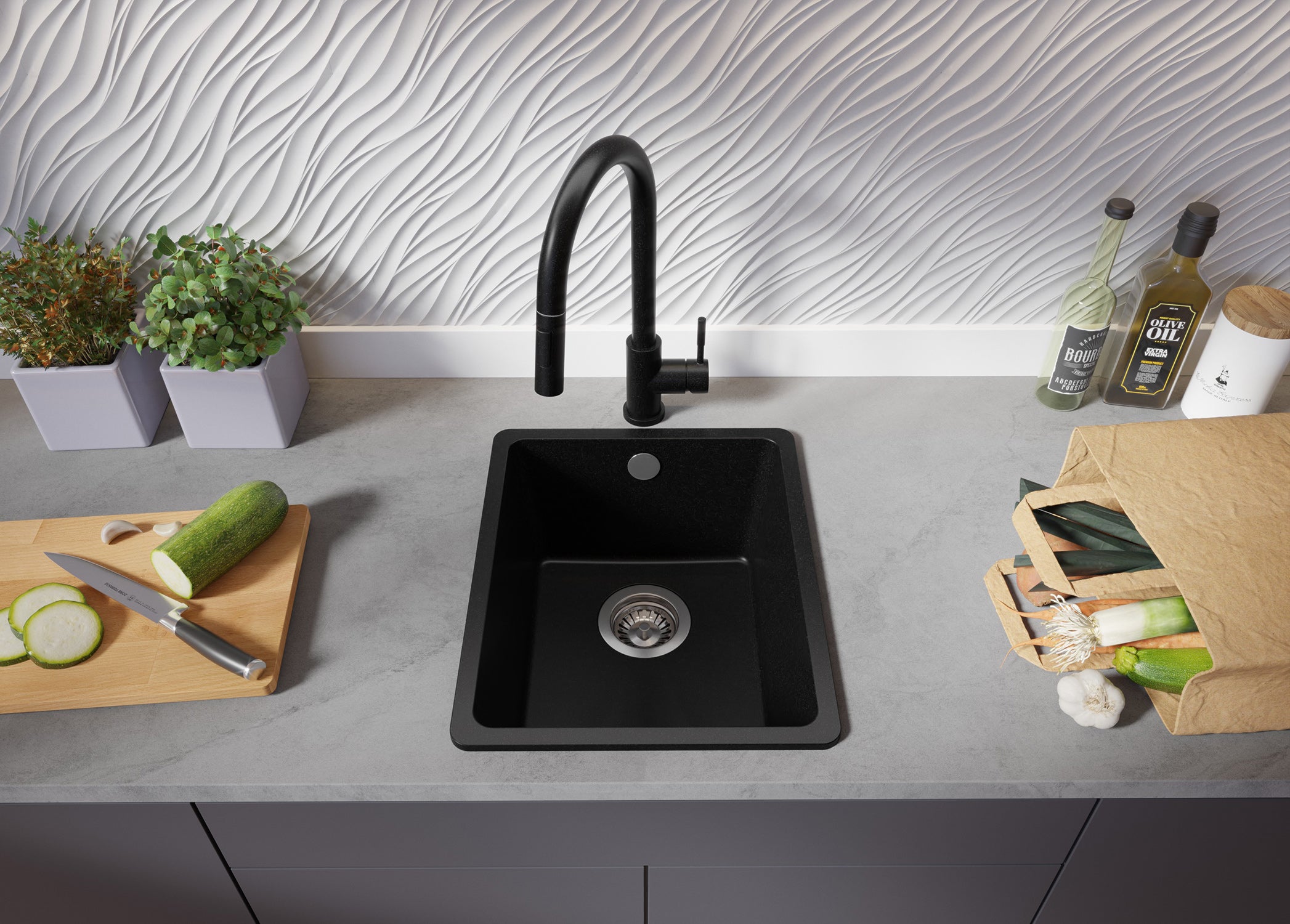 Lavandino da Cucina Nero 36x44cm, Lavello in Granito a 1 vasca + Sifone Classico + Accessori, Lavabo da Cucina Incasso al mobile 40cm PRIMAGRAN - 3