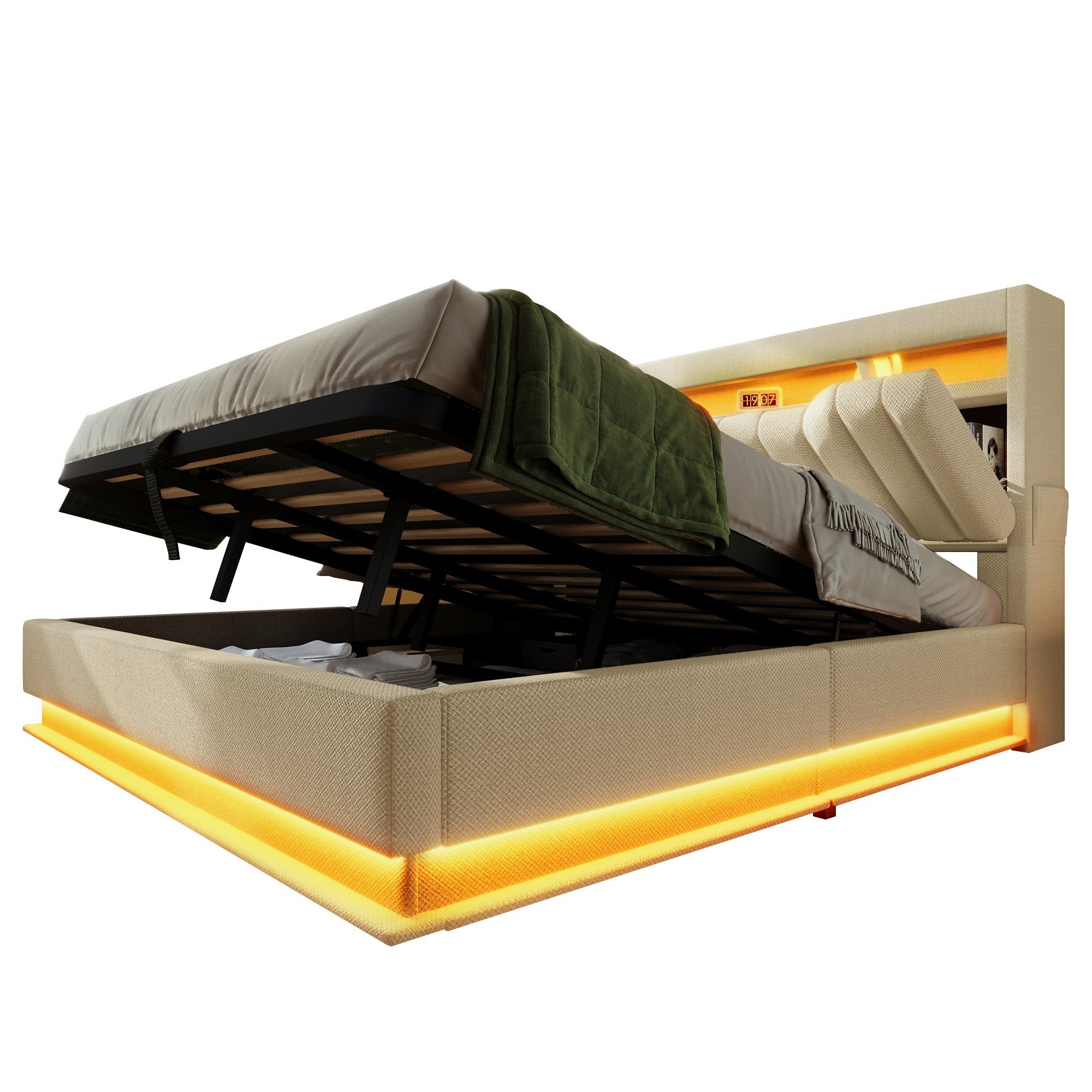 Lit coffre 160x200 cm, lit double hydraulique, tête de lit avec rangement comprenant des ports USB et Type-Cet lumière LED, beige, lin, Sans matelas. - 8