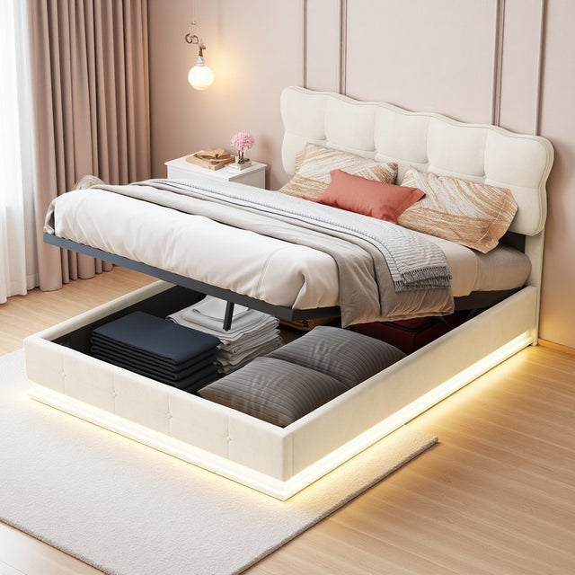 Lit coffre adulte 140x190 avec sommier, velours, LED Éclairage, structure métal, grand espace rangement, lit double, style scandinave - Beige
