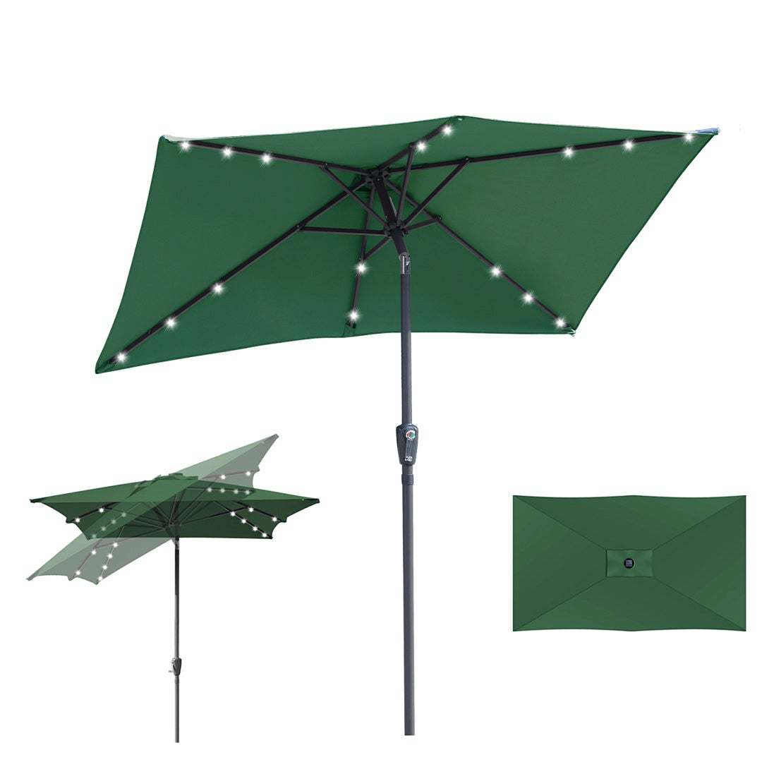 Parasol prosty prostokątny 140x210 cm z solarnym oświetleniem LED 16 (żarówek), parasol ogrodowy i na balkon, regulacja nachylenia 30°, korbka, zielon