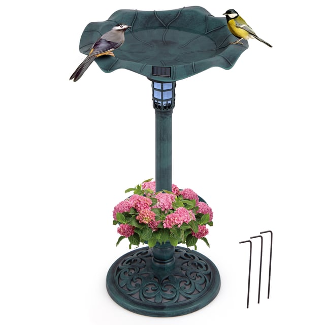 Banho para pássaros com energia solar, decoração exterior em pedestal retro com comedouro com tigela em folha de lótus, bebedouro para pássaros, verde