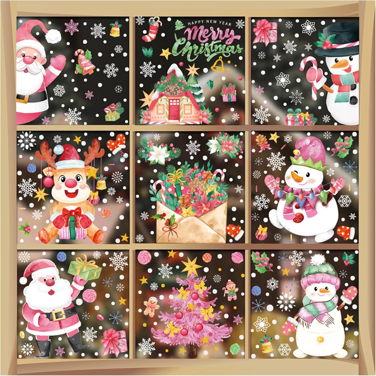 Stickers gel Noël pour fenêtres - Père Noël et Sapins