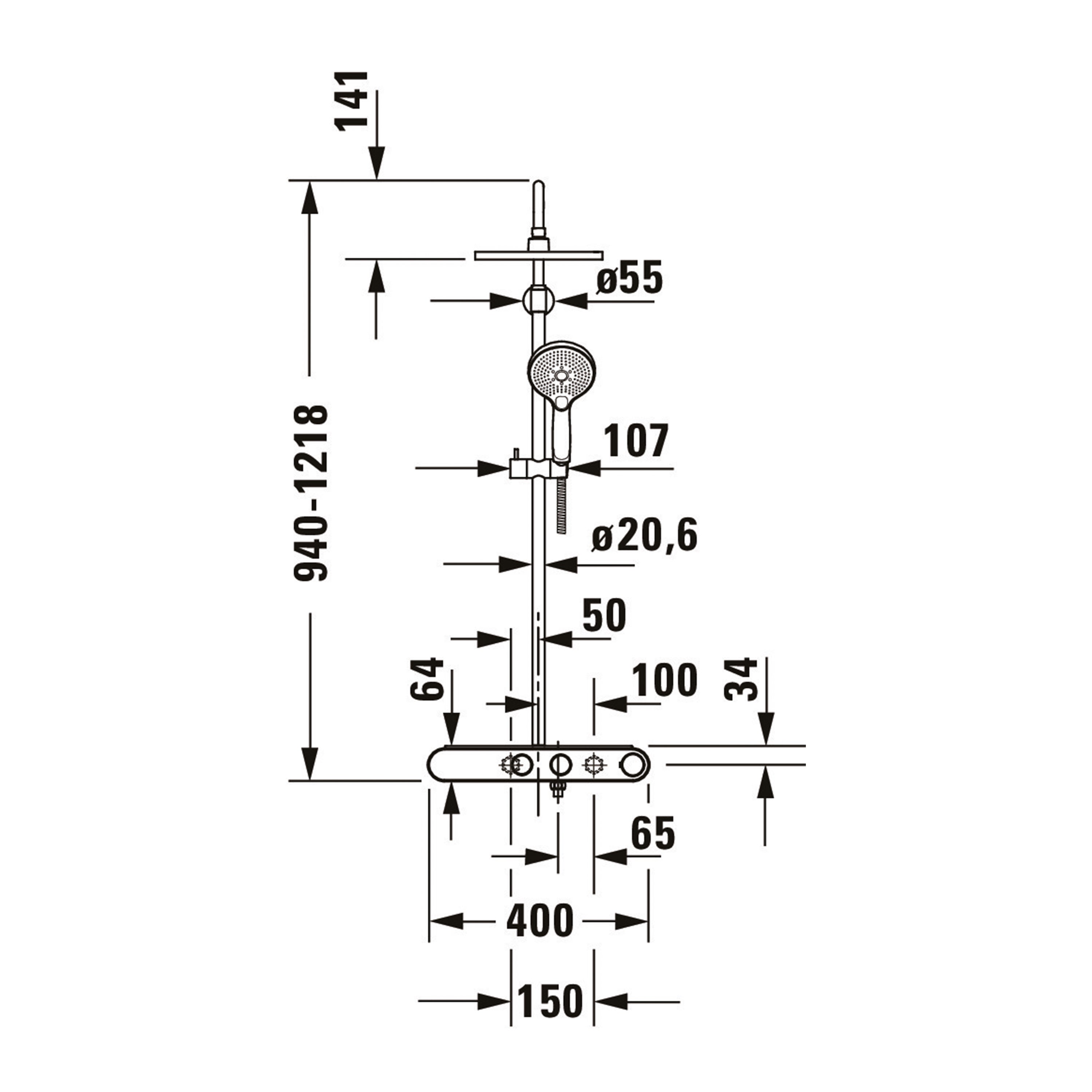DURAVIT - Colonne de douche thermostatique murale Chrome 40x52x94-121cm (LxPxH), tablette en verre, hauteur réglable, pomme + pommeau rond - 5
