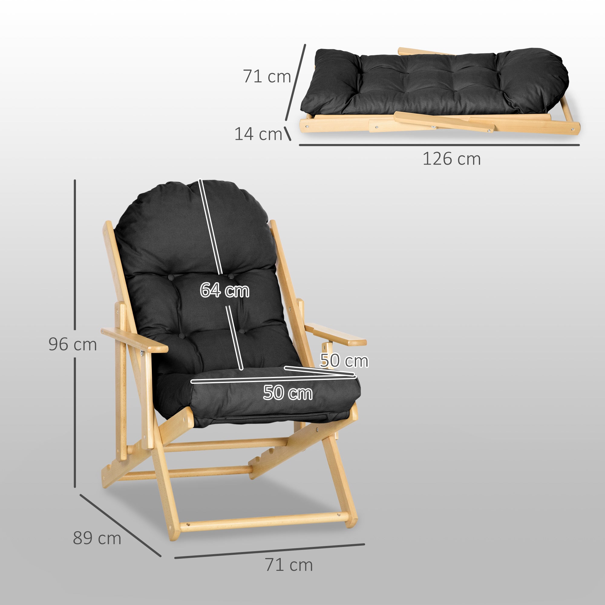 Fauteuil et méridienne de salon pliables et inclinables en bois, fauteuil confortable et relaxant avec coussin épais capitonné - 5