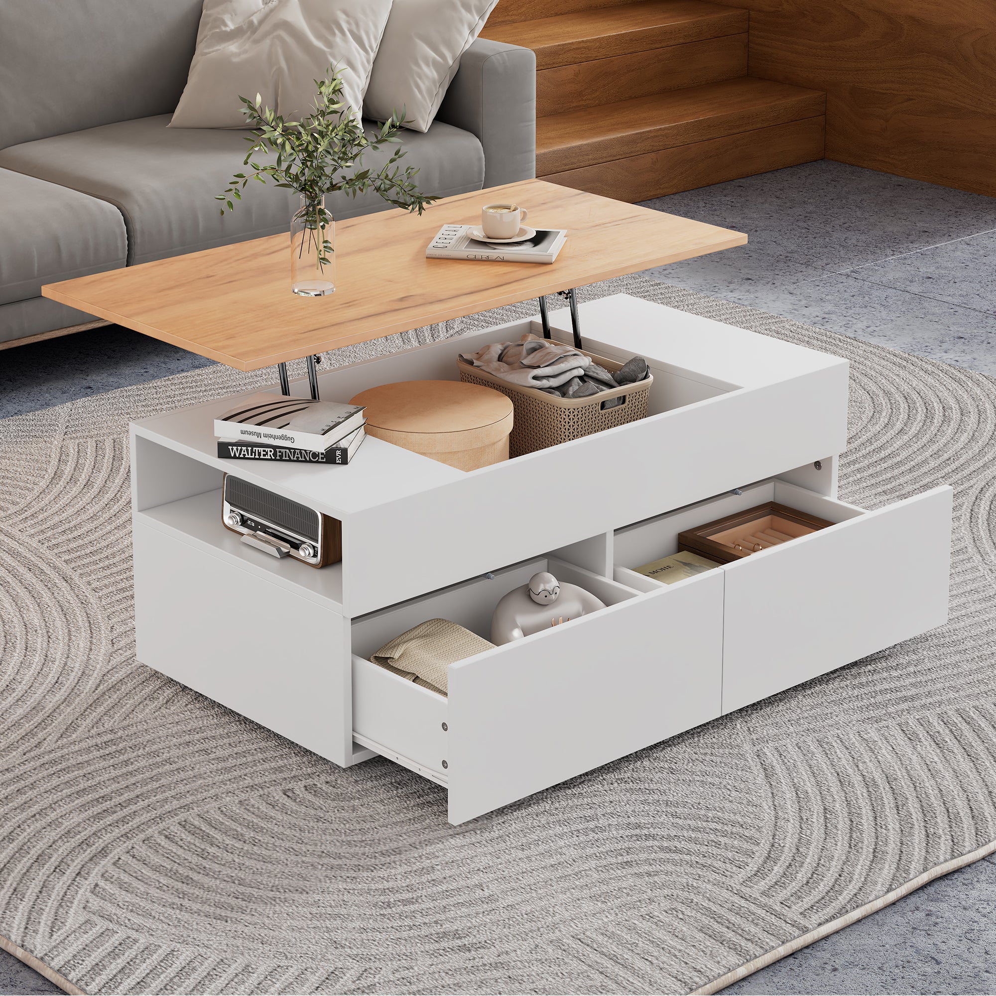 Table basse avec plateau relevable et 2 tiroirs - 100 x 50 x 40 cm - Panneau de particules - Blanc + bois - 2