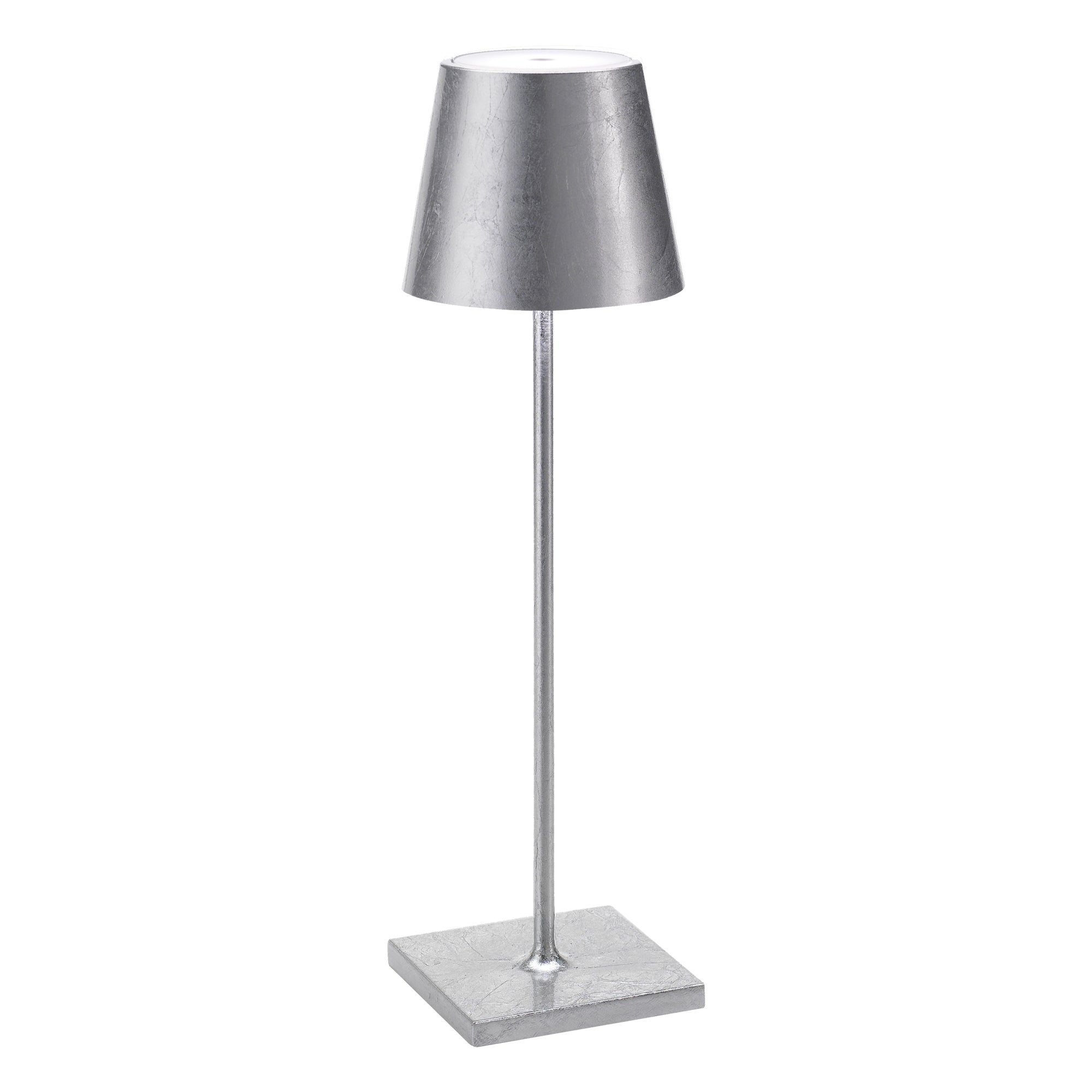 Lampa stołowa LED Zafferano Poldina Pro Silver Leaf, ładowalna i ściemnialna, z czasem pracy na baterii do 12 godzin.