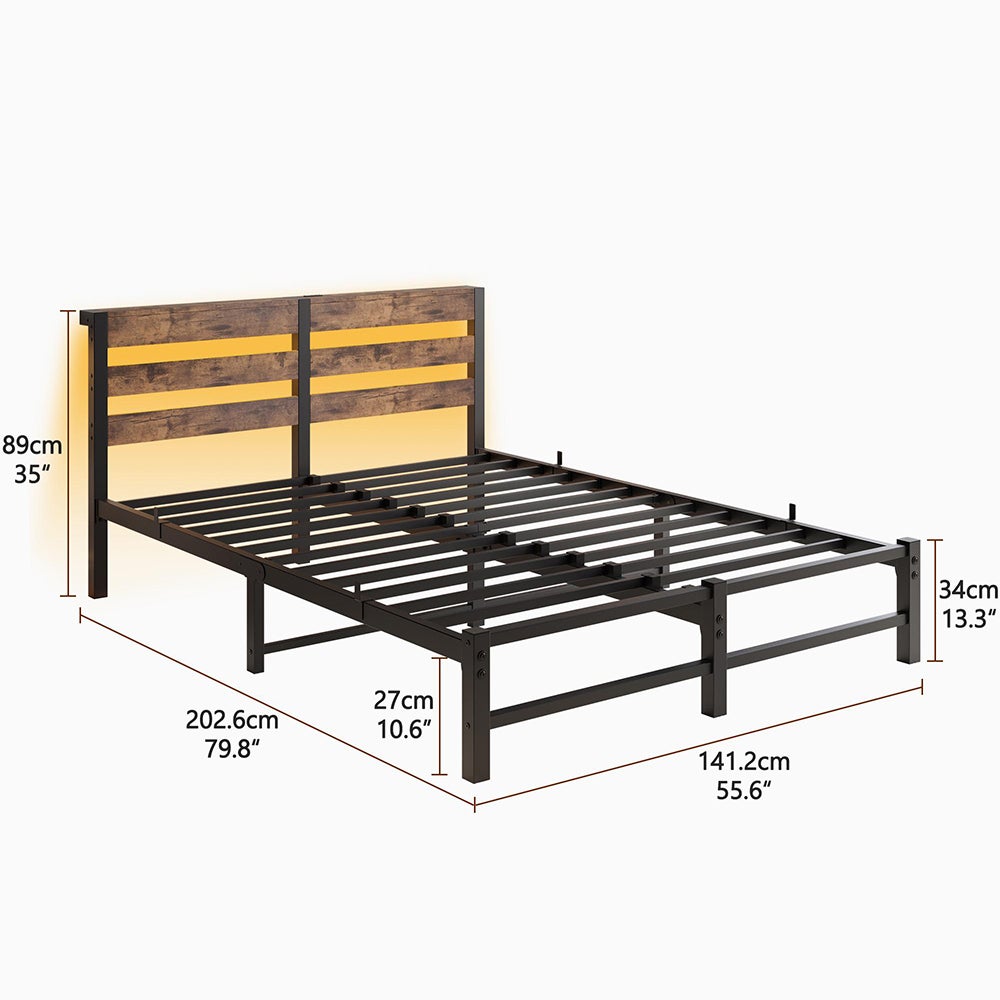 Łóżko dla dorosłych z oświetleniem LED i stacją ładującą USB, metalowa konstrukcja, materac nie wchodzi w skład zestawu, brązowe - 140 x 190 cm - 4