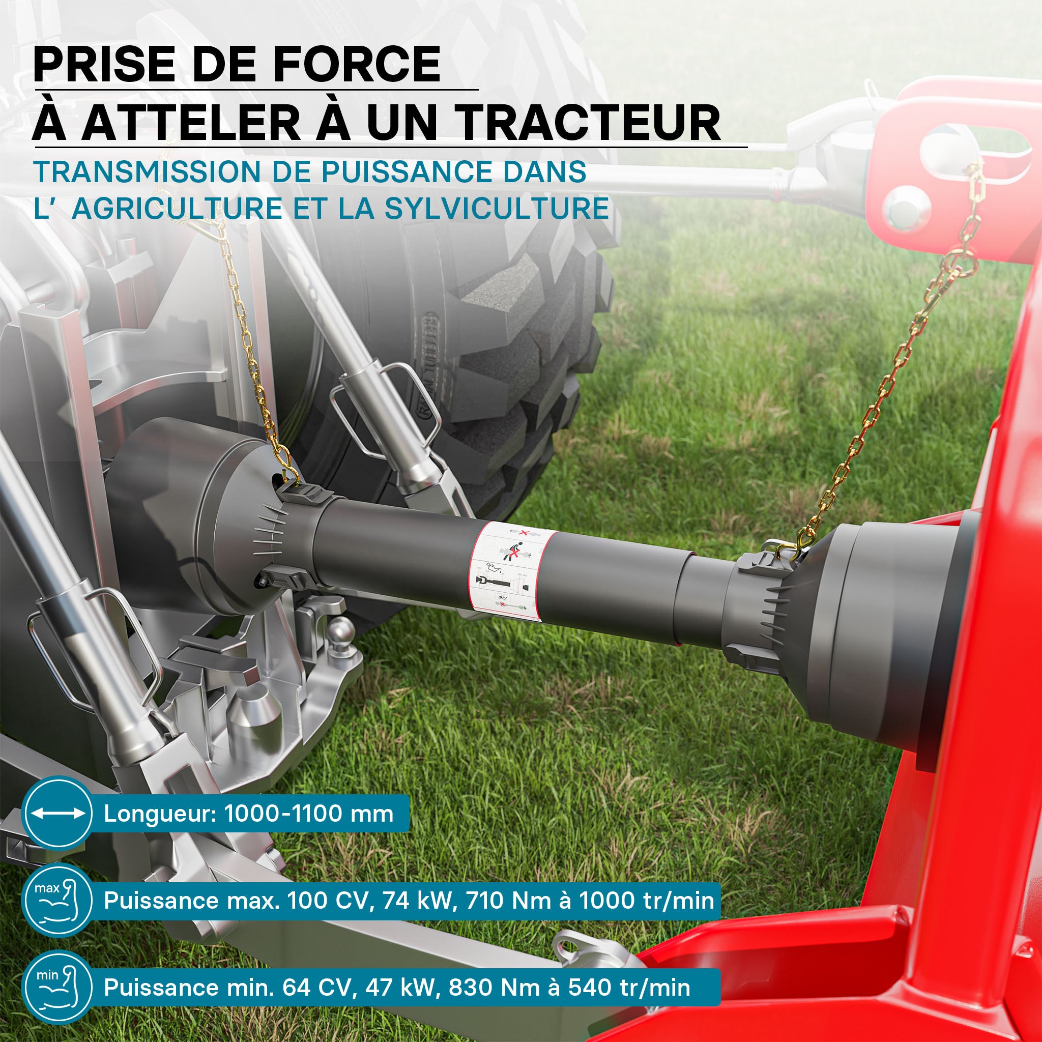 Arbre Transmission T6 Cardan 1000-1100mm 830Nm 540 tr/min 74kW (100CV) 2x 1 3/8