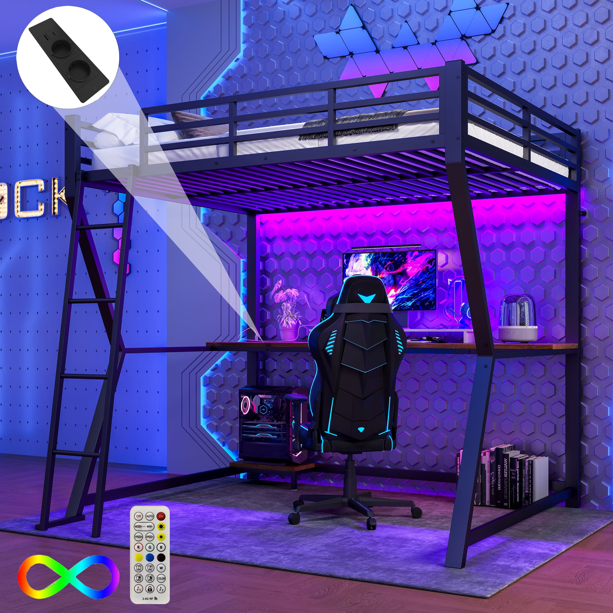 Merax  Cama Alta De 140 X 200 Cm Con Escritorio, Toma De Carga Y Usb, Metal Y Mdf, Leds, (Sin Colchón) Negro , Leroy Merlin