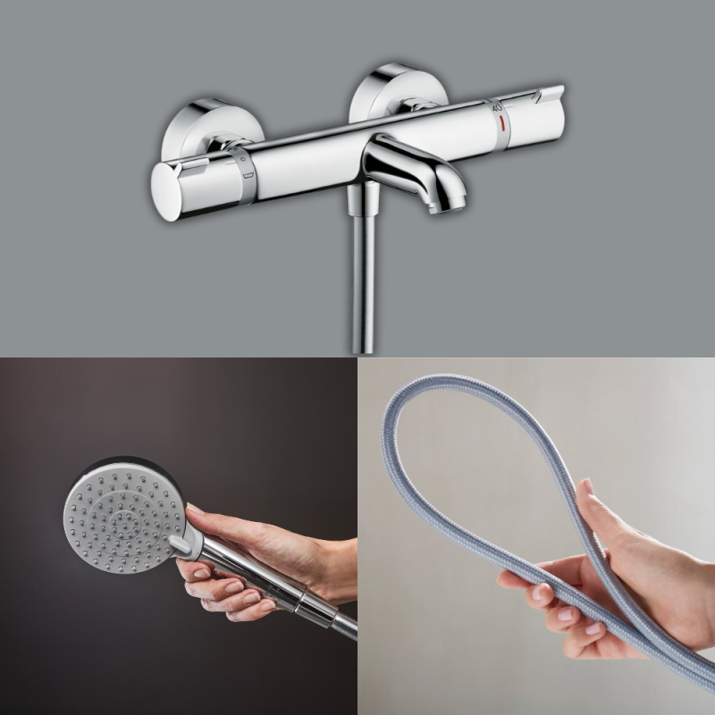 Pack mitigeur bain thermostatique HANSGROHE EcostatComfort + Flexible Designflex 1,6m + Pommeau Vernis Blend EcoSmart 2jets chromé - 2