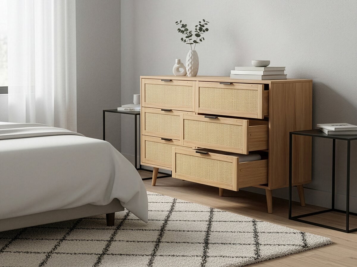 Commode en bois et cannage 