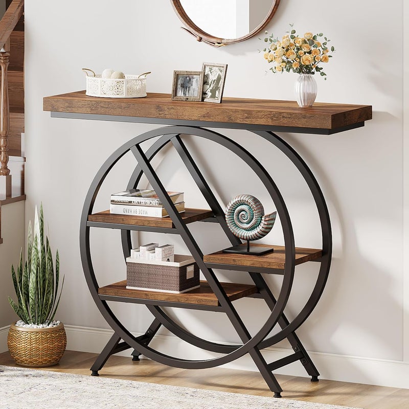 Konsola przemysłowa Tribesigns 100 cm z geometryczną metalową ramą – rustykalny brąz