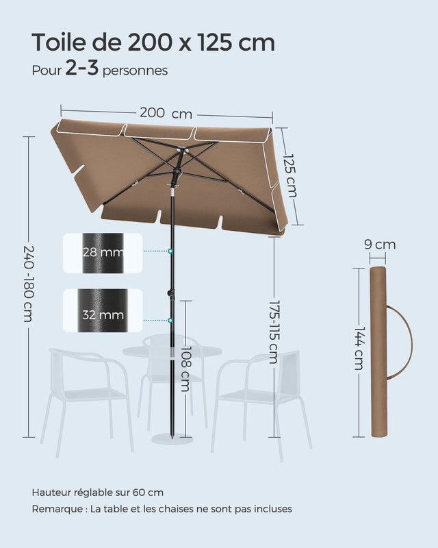 Parasol 200 x 125 cm, Protection Solaire UPF 50+, Inclinable sur 30° dans les 2 sens, Hauteur Réglable, avec Sac de Transport, Marron Noisette - 5