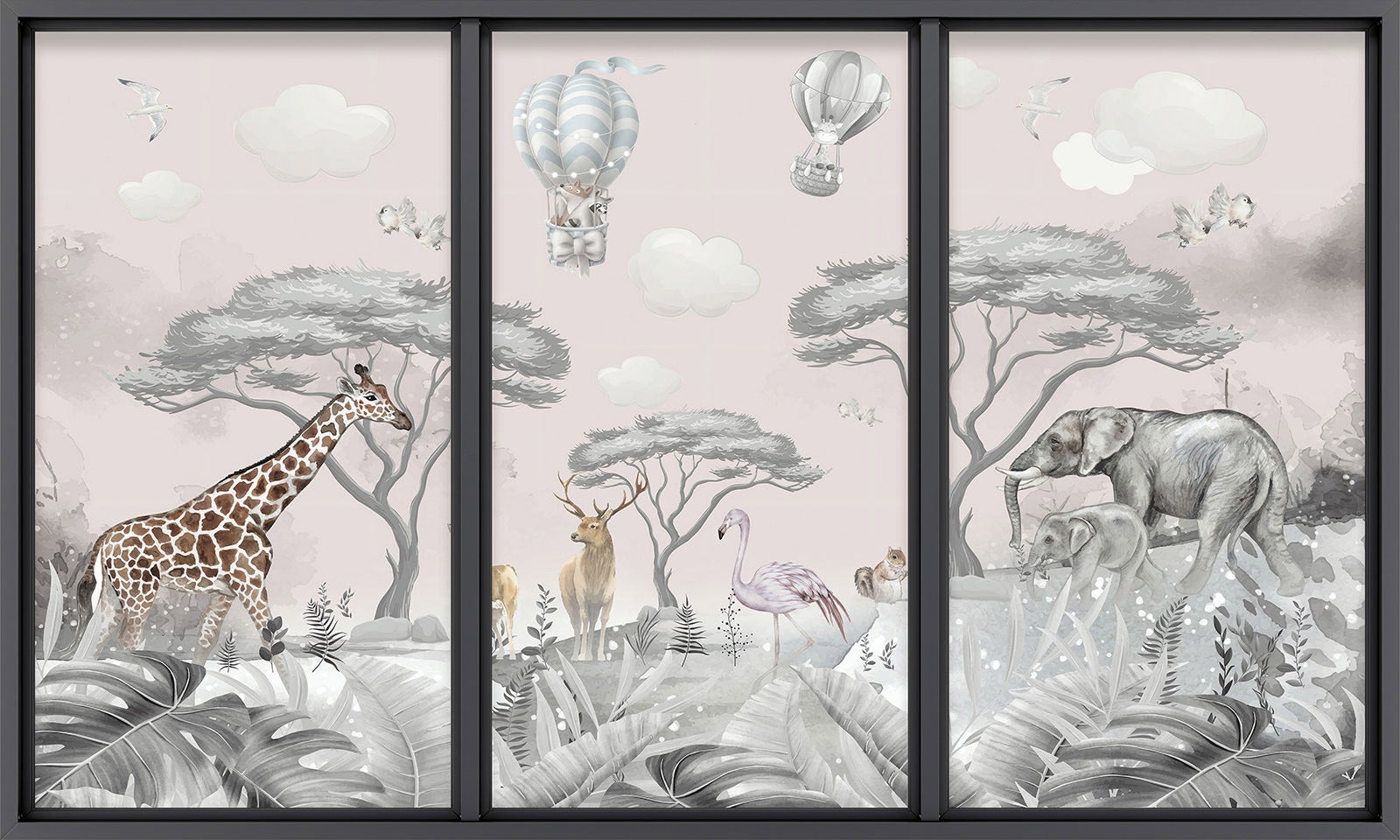Papier peint panoramique Trompe l'oeil baie vitrée - Enfants - Animaux de la jungle - Largeur 417 cm x Hauteur 250 cm - 2