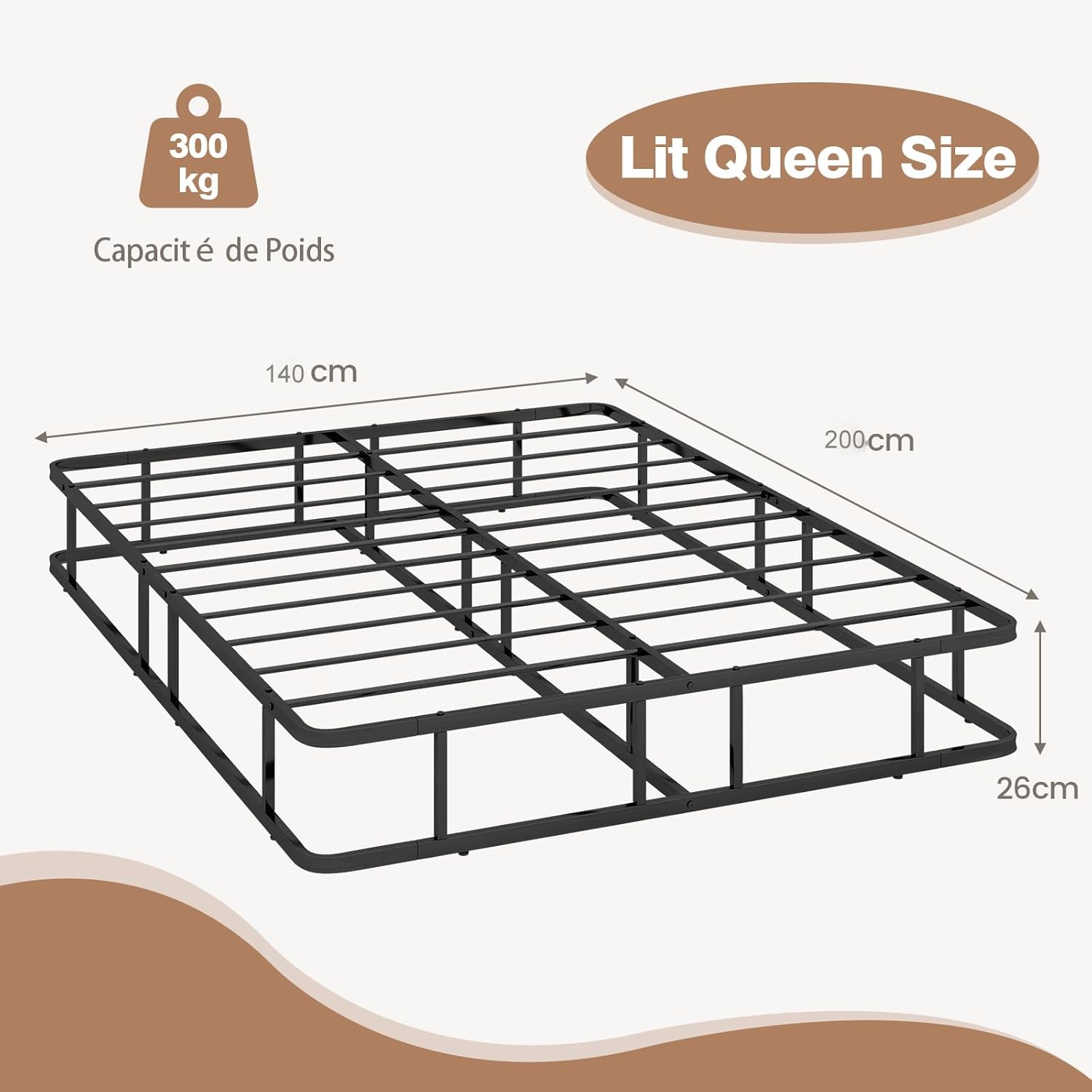 Estrutura de cama de casal 140x200 cm com ripas, cama plataforma de metal tamanho queen para adultos, fácil montagem, carga de 300 kg - 2