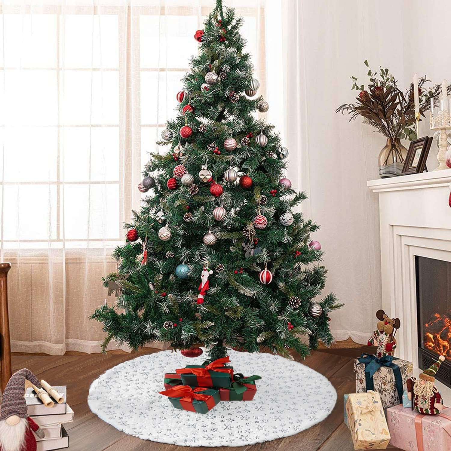 Saia para árvore de Natal, base para árvore de Natal, tapete para árvore de Natal, lantejoulas de floco de neve prateadas (branco, 150 cm) - 7