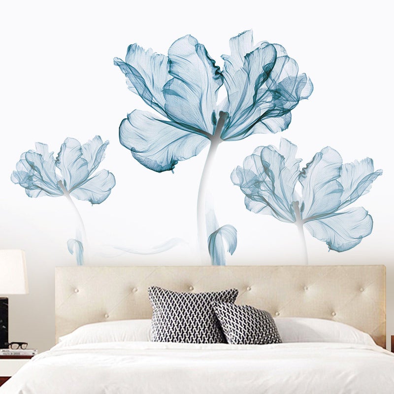 Stickers muraux floraux, grands stickers muraux floraux bleus à l'aquarelle, adaptés à la décoration des salons, salles de bains et chambres - 6