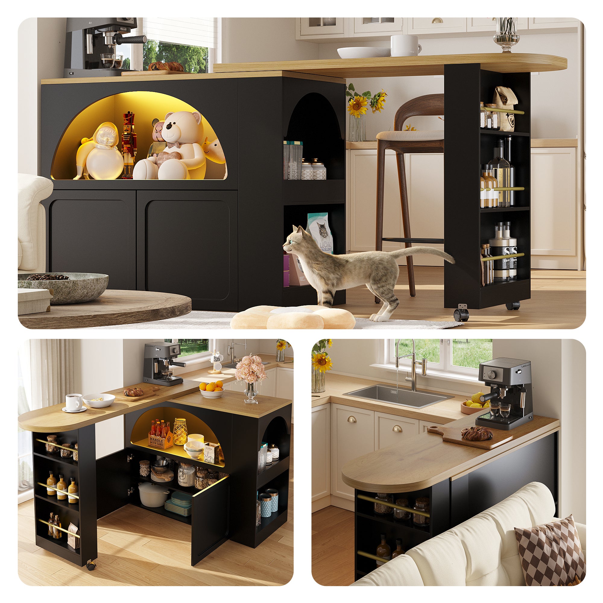 Rozkładany stół barowy z 2 drzwiami i półkami do przechowywania - 135-205 x 39 x 100 cm - MDF - diody LED - do kuchni, jadalni - czarny