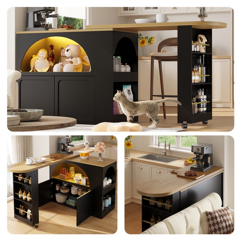 Rozkładany stół barowy z 2 drzwiami i półkami do przechowywania - 135-205 x 39 x 100 cm - MDF - diody LED - do kuchni, jadalni - czarny