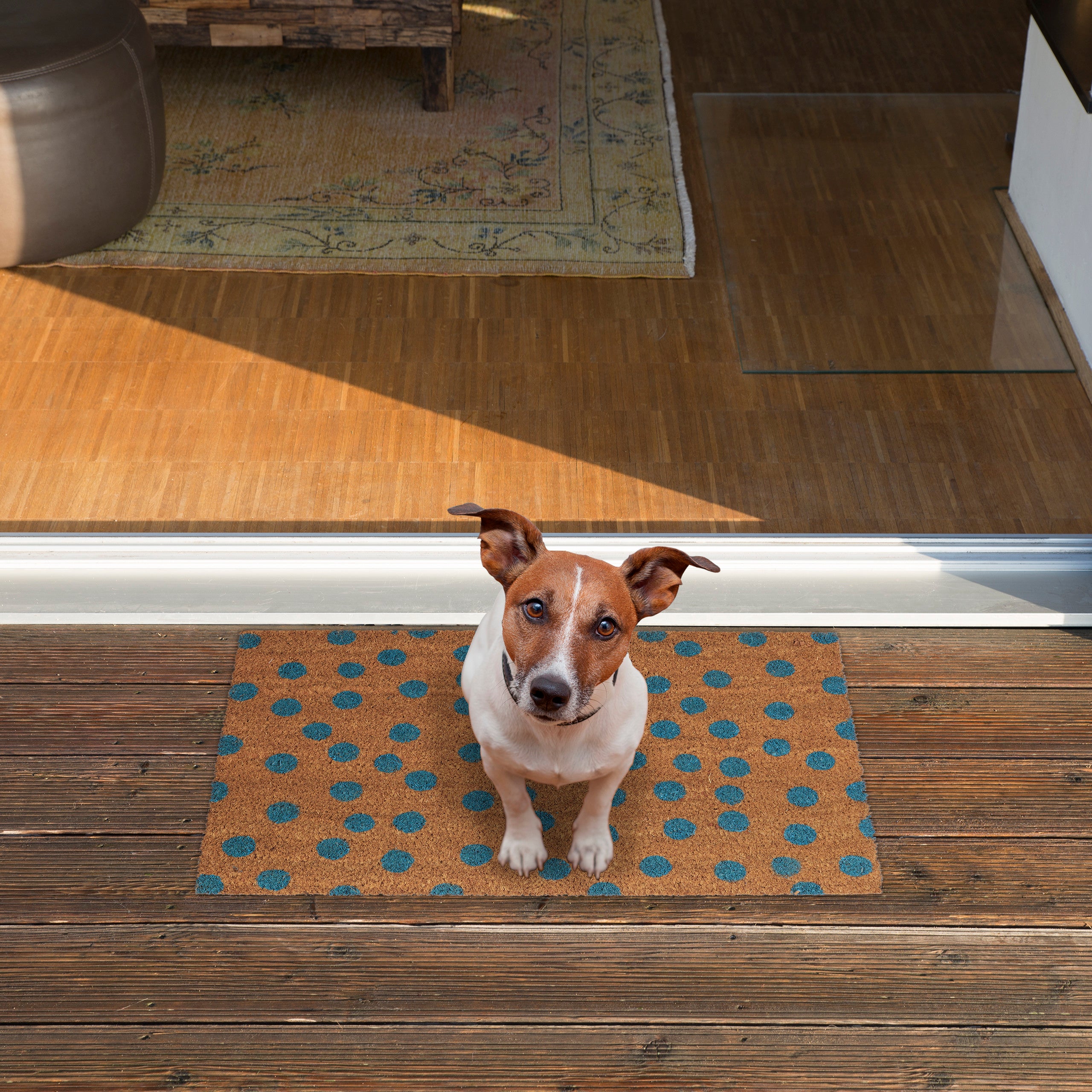 Paillasson Points en fibres de coco, HxlxP: 1,5 x 60 x 40 cm, antidérapant, caoutchouc, nature-bleu, Relaxdays - 2