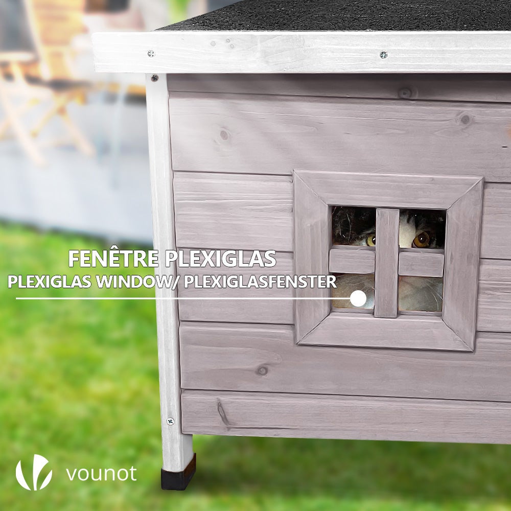 Maison pour chat niche en bois gris - toit bitumé autoportant et incliné - porte à lamelles - fenêtre en plexiglas - VOUNOT® - 7