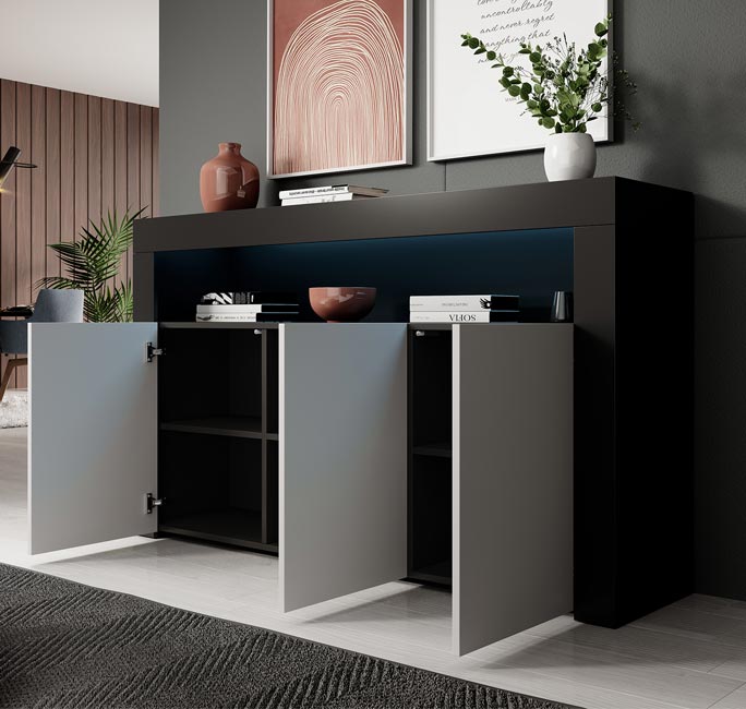 Credenza 3 ante con LED | Madia Moderna Soggiorno | Mobiletto | Sala da Pranza | Buffet | 155x91x37cm | Modello Aker | Nero e Bianco Finitura Opaca - 3