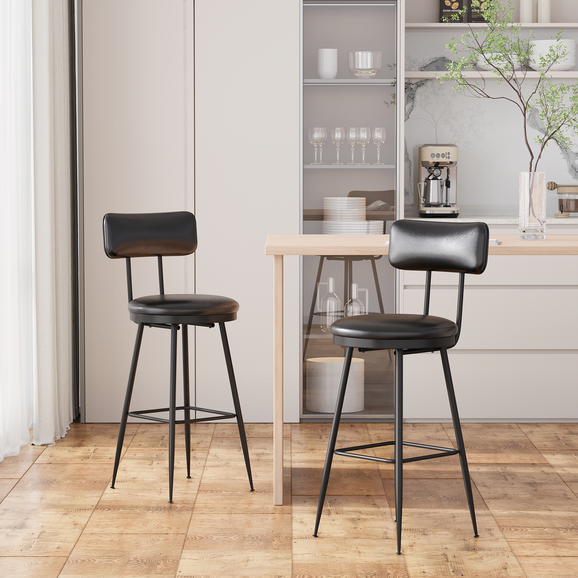Tabouret de Bar,Lot de 2,Siège Rembourré,PU avec Coutures,Adapté pour Cuisine,Salle à Manger et Bar,Hauteur d'assise 65 cm,Noir - 2