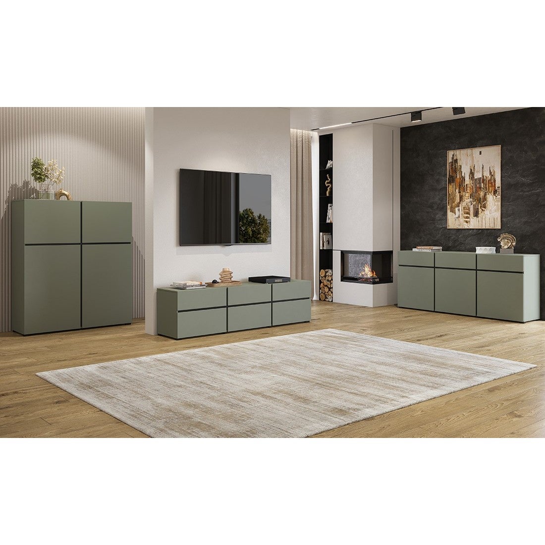 Set di mobili design colore verde salvia per soggiorno
