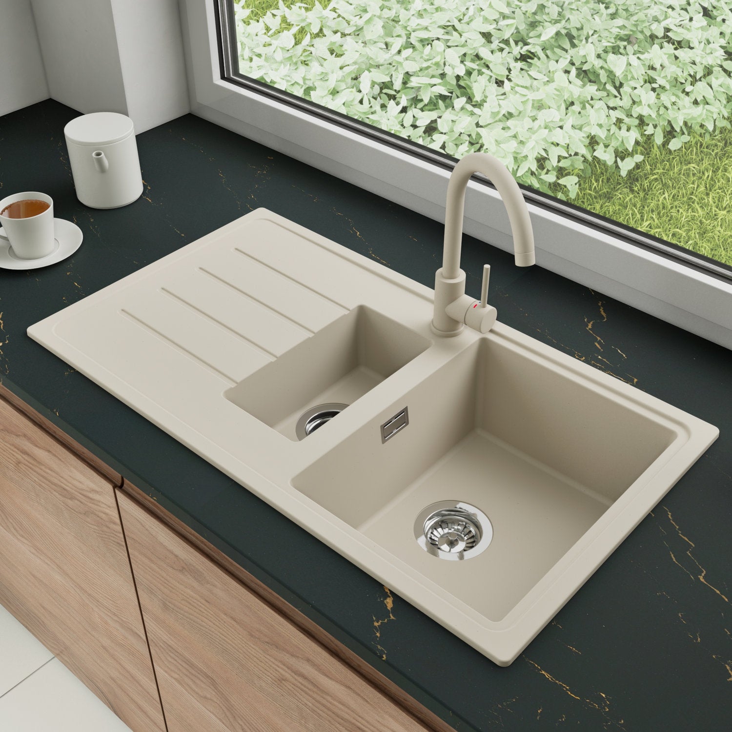 Zlewozmywak Granitowy 90x50cm, do szafki od 60cm + Bateria + Syfon - Ametyst Beżowy STONESTYLE