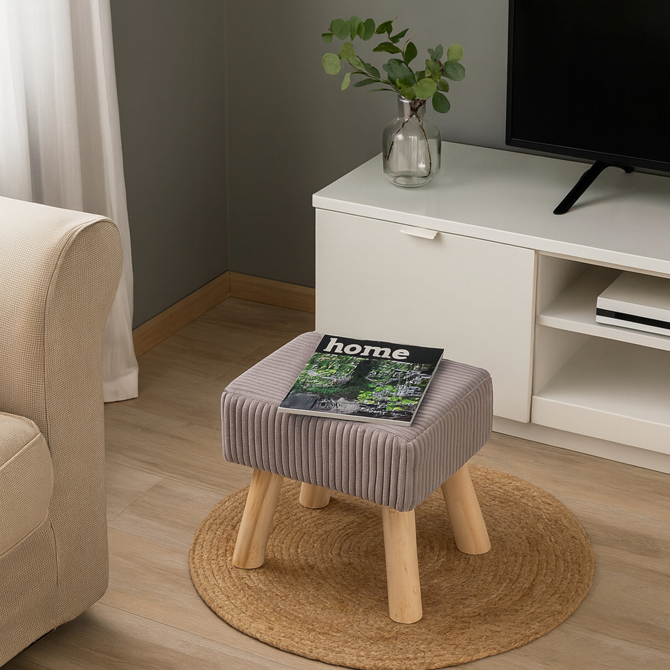 Tabouret/Pouf En Velours Côtelé - Pieds En Bois - 30x30x30 Cm - Rembourré - Beige/Nature - Siège D'Appoint